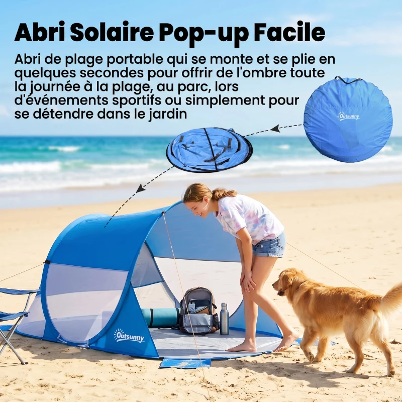 Outsunny Abri de plage tente de plage pliable pop-up automatique instantané protection UV fenêtre arrière grand tapis de sol bleu ciel