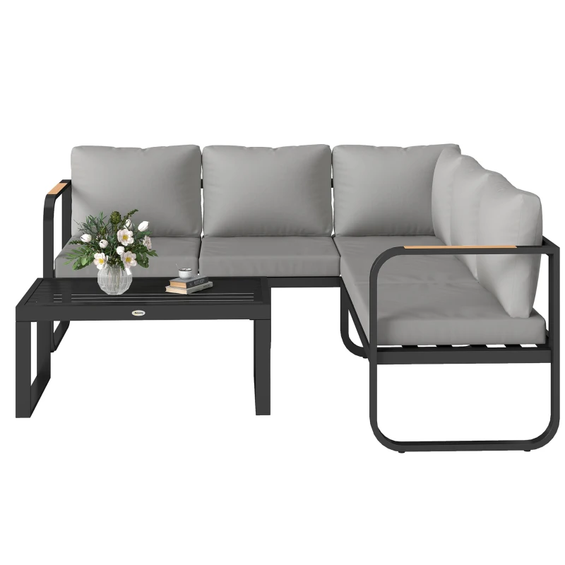 Outsunny L-vorm tuinset weerbestendig metaal zitgroep voor 5 personen tuinlounge met 2- en 3-zitsbank, kussens en bijzettafel, outdoor balkonmeubel-set terrasmeubel voor tuin en balkon, grijs