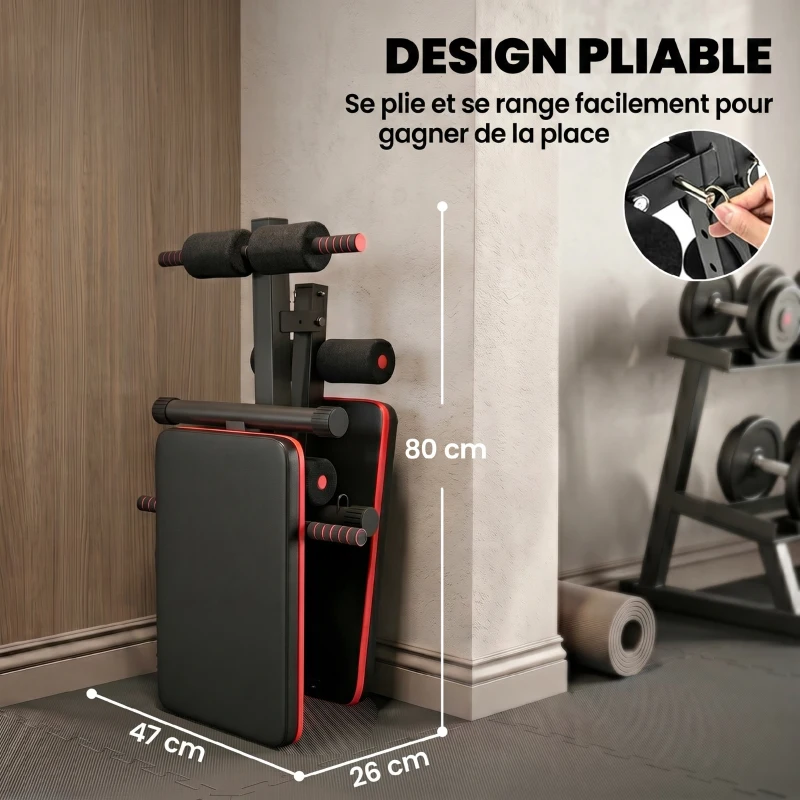 HOMCOM Banc de musculation pliable multifonction banc Fitness sit-up sangles d'extension latérales + ressort traction acier revêtement synthétique rouge noir