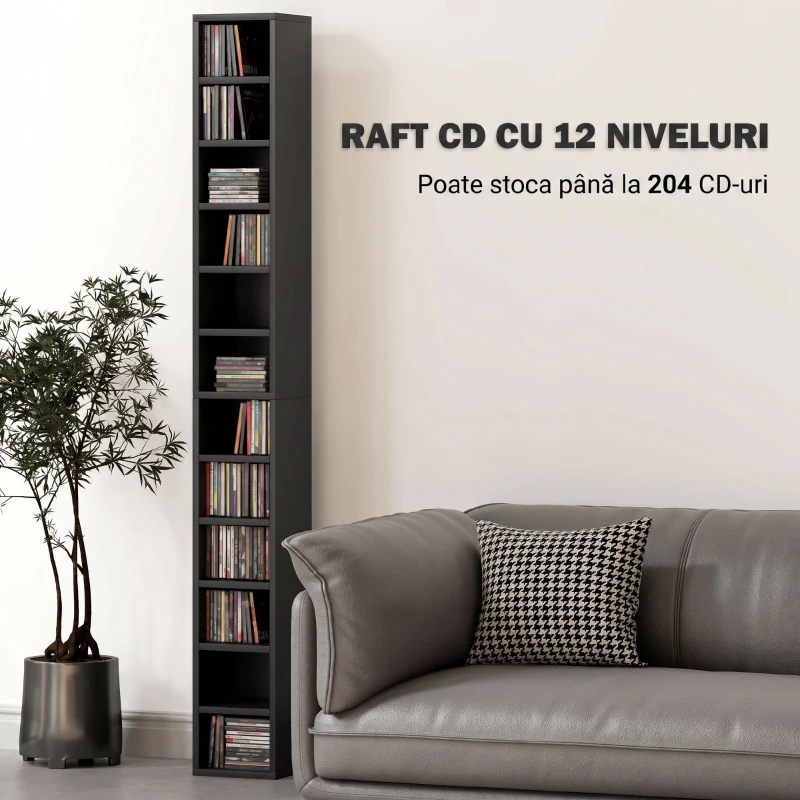 HOMCOM Dulap Suport Cd Da Perete Con 12 Polițe In Lemn 21x20x175cm Negru