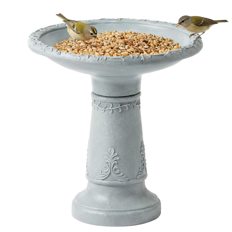 Outsunny Vogelbad van hars voor buiten, rond vogelbad 51 cm met steenlook, vrijstaand voeder- en drinkstation voor vogels, Grijs