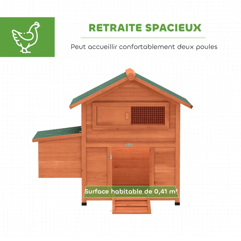 PawHut Poulailler avec Pondoir et Perchoir Toit en Bitume Étanche et Fenêtre de Ventilation Bois 113,5x67,5x95,5cm Orange