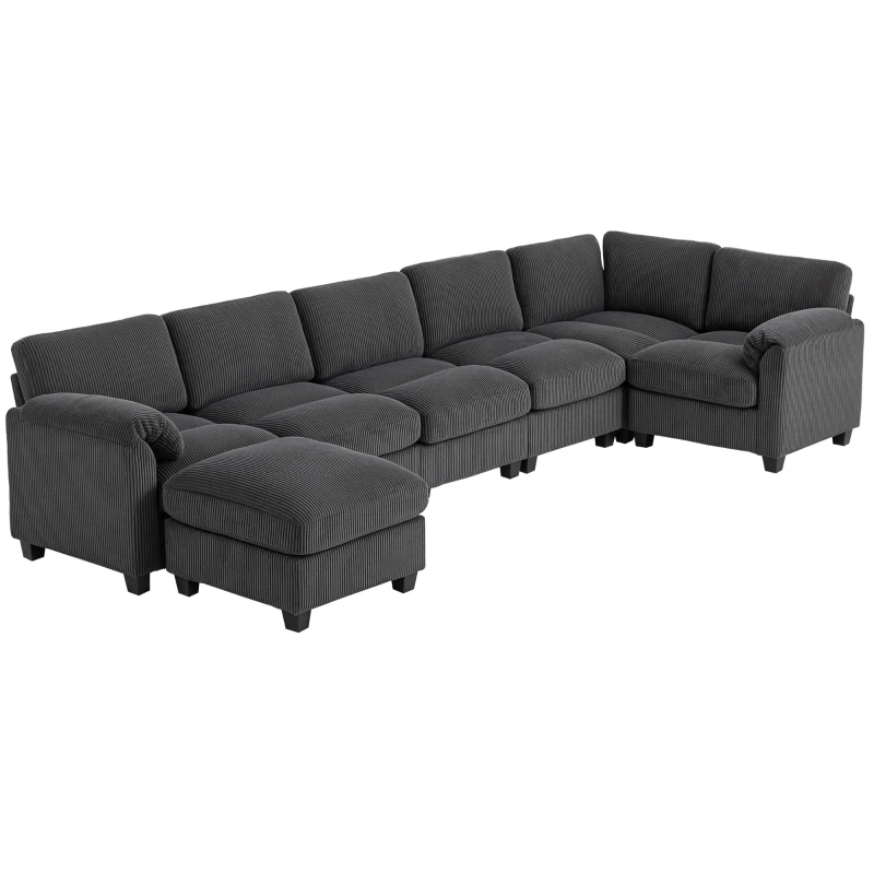 HOMCOM Hoekbank U-vorm Sofa Bank met Verenkussens Gevoerde Armleuningen Verplaatsbare Ottomaan Corduroy 292x224x85 cm Donkergrijs