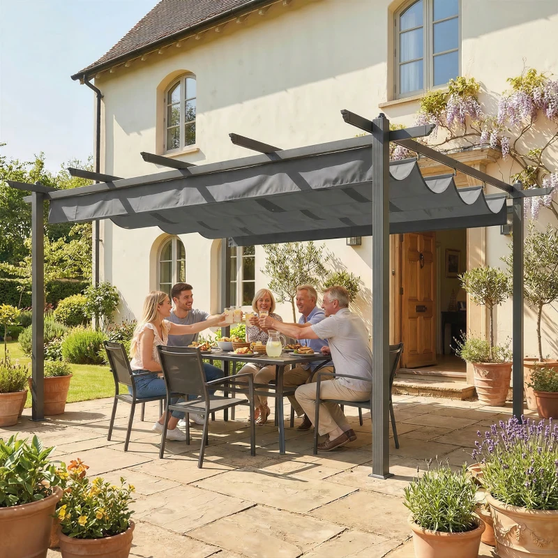 Outsunny Pérgola de Jardim 4x3 m com Telhado Retrátil Estrutura de Alumínio UPF30+ Orifícios de Drenagem Cinza