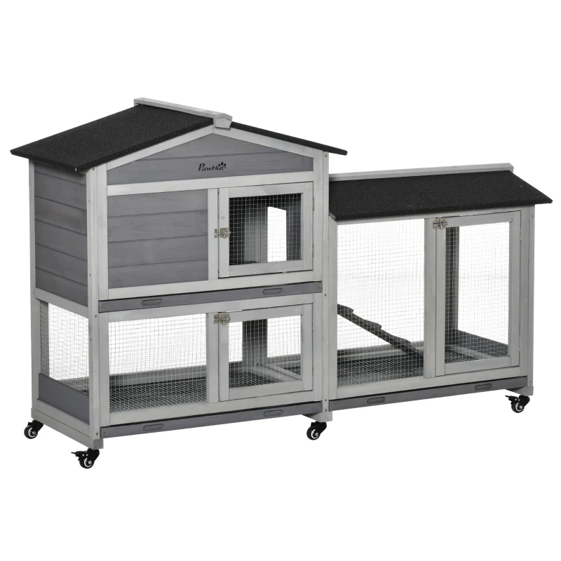 PawHut Conigliera a 2 Livelli con Rete Protettiva e Rotelle in Legno e Metallo, 157.4x53x99.5 cm, Grigio