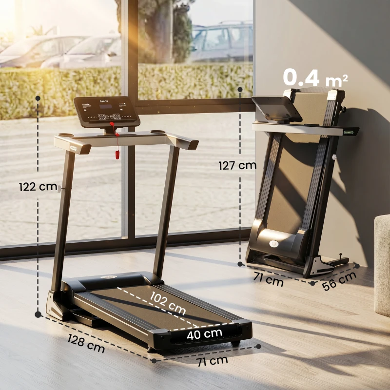 HOMCOM Tapis Roulant Elettrico Pieghevole 1-12km/h, Tapis Roulant Salvaspazio con 12 Programmi Preimpostati, Display LCD e Supporto per Tablet, per Camminata e Corsa, Compatto per Casa e Ufficio, Nero