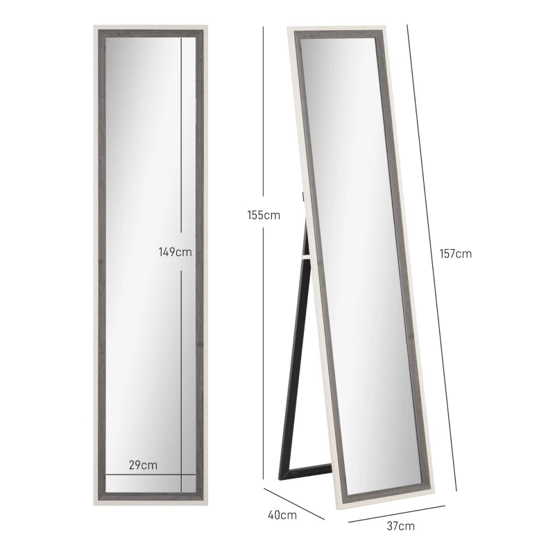 HOMCOM Espejo de Cuerpo Entero 157x37 cm Espejo de Pie o de Pared con Marco de MDF y Soporte Blanco y Gris