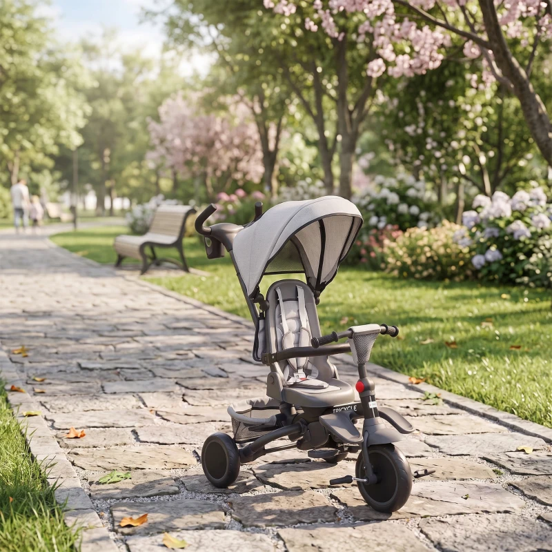 AIYAPLAY Tricycle bébé évolutif 6 en 1, tricycle enfant pliable avec poignée parentale réglable, siège pivotant 360°, gris