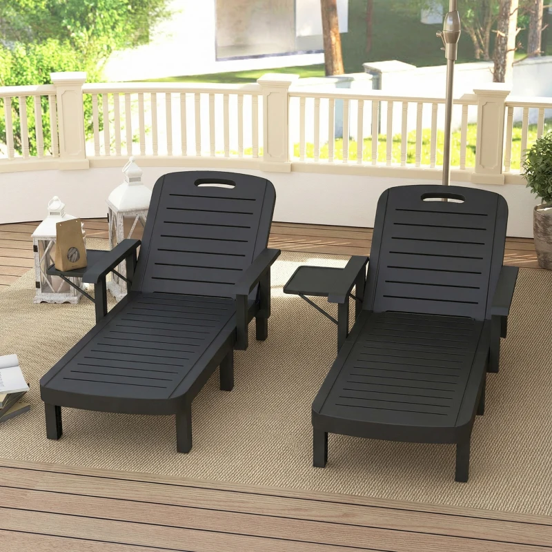 Outsunny Set of 2 Reclining Sun Loungers, 5 Positions Adjustable Outdoor Chaise Lounge Chair with Armrests, Black