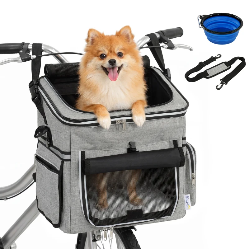 PawHut Panier de Vélo Avant Portable pour Chiens Chats, Laisse de Sécurité, Couvercle Détachable, 33x26x35cm, Gris Clair