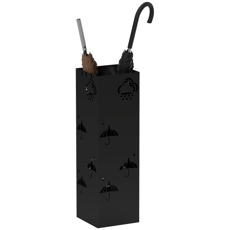 HOMCOM Metalen Paraplustandaard, 4 Haken, Wolk- en Paraplumotief, Druipbak, Zwart