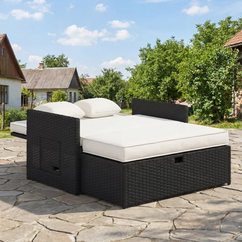 Outsunny Rattan Garden Daybed, Double Sun Lounger with 5-Level Adjustable Back, Storage Ottoman, Cream White