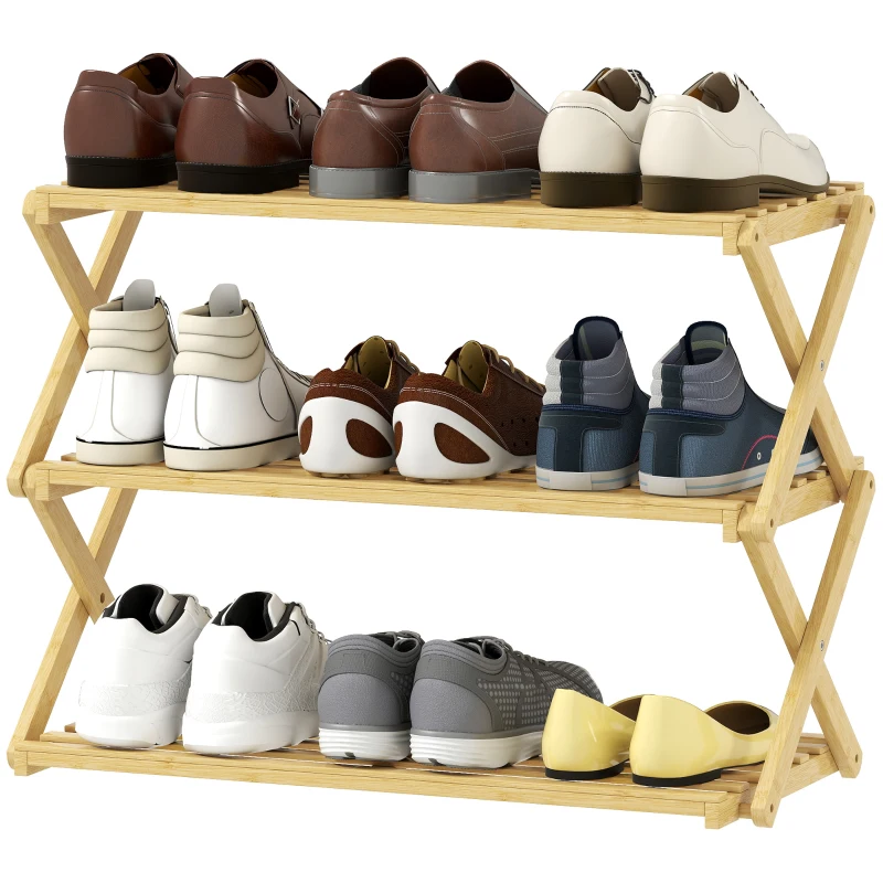 HOMCOM Three-Tier Folding Bamboo Shoe Rack - Natural Finish