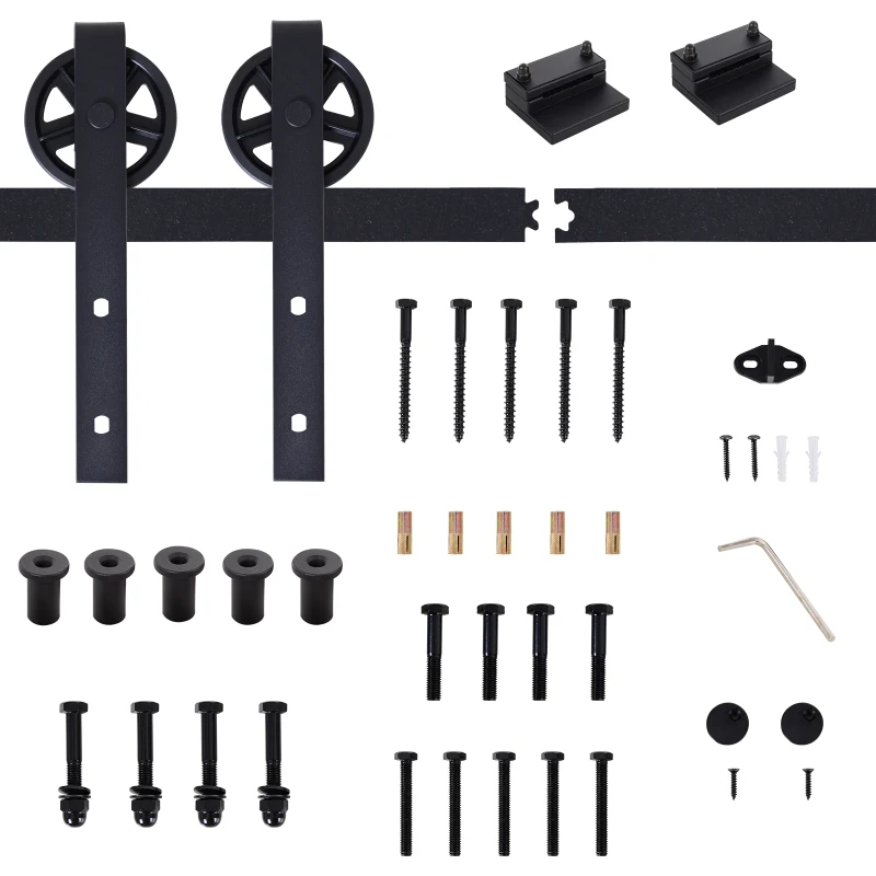 HOMCOM Schuifdeurbeslagset met rustieke uitstraling, Koolstofstaal, 200x4x0,6 cm, tot 90 kg, Zwart
