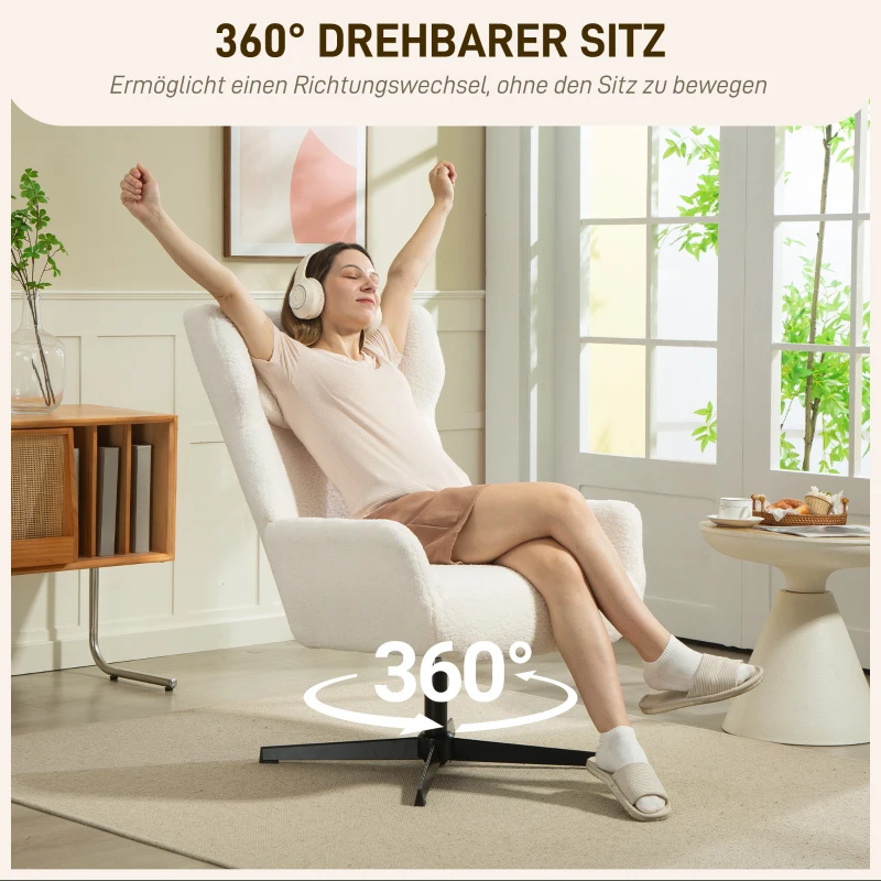 HOMCOM Accentstoel, Polsterfauteuil met fleece-bekleding, Draaivoet, Metalen frame, Crème