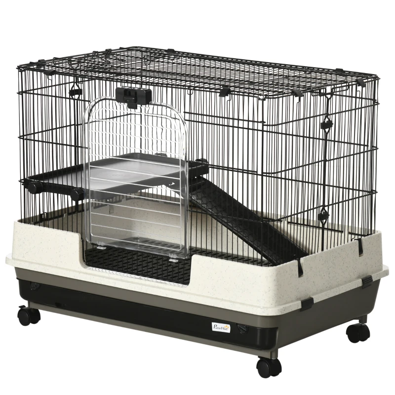PawHut 2 Tier Rolling Small Animal Rabbit Cage Pet Ferrets Hutch Pet Play Cage with Platform Ramp Removable Tray 80 x 52.7 x 66 cm