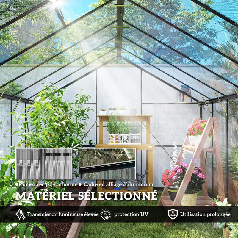 Outsunny Serre de jardin en aluminium polycarbonate, serre avec fenêtres supérieures réglables 363x247x205cm noir