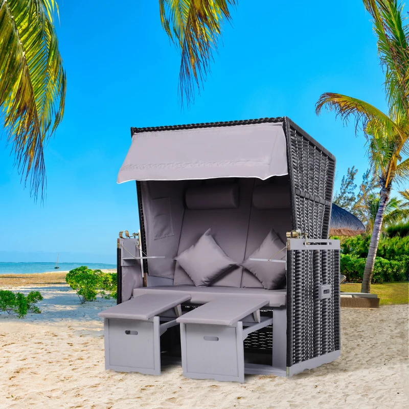Outsunny Corbeille de plage 2 places pliable - Cabine chaise de plage inclinable - abri plage strandkorb - coussins, repose-pieds, tablettes, pare-soleil - bois résine tressée polyester gris