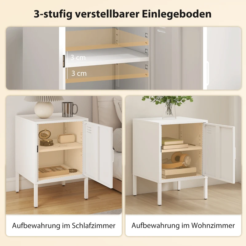 HOMCOM Stalen nachtkastje, bijzettafel voor diverse doeleinden, verstelbaar rek, voor slaapkamer, woonkamer, wit