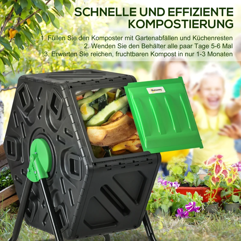 Outsunny Compostbak, 65 Liter Composter, Draaibaar, Compact, 48 Ventilatiegaten, Staal, Kunststof, Groen+Zwart