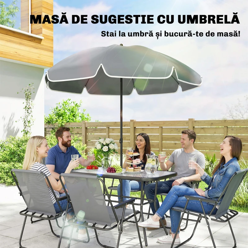 Outsunny Set de Masă de Grădină 8 Piese cu Umbrelă, Set Mobilier Grădină cu 6 Scaune Pliabile, Masă din Sticlă Temperată și Umbrelă pentru Terasă, Gri