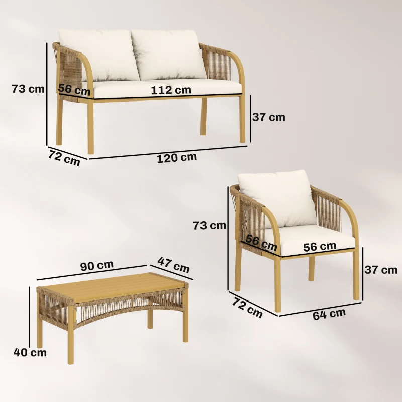 Outsunny Salon de Jardin Extérieur 4 Pièces avec Canapé 2 Fauteuils Table Coussins, Acier Résine Tressée, 120x72x73cm, Kaki