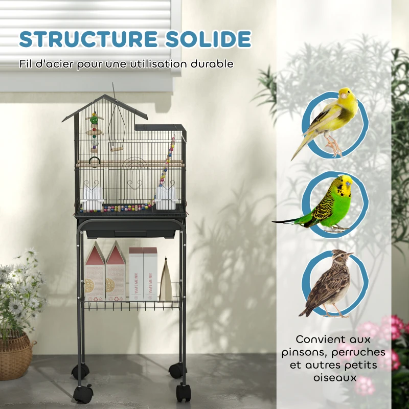 PawHut Cage à oiseaux sur roues 46 x 36 x 120 cm 2 mangeoires 2 perchoirs étagère cage pour perruche calopsitte conure pinson canaris