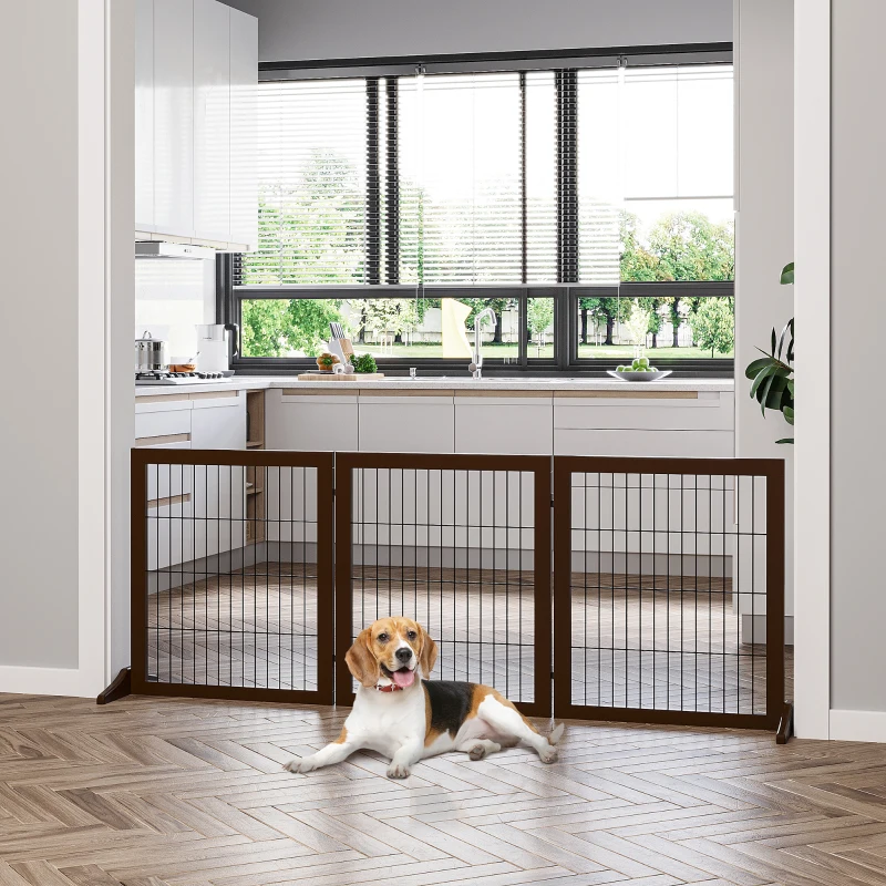 PawHut Cancelletto Pieghevole e Regolabile in Legno di Pino e Metallo con Base Stabile, per Cani e Cuccioli, 185x36x71cm