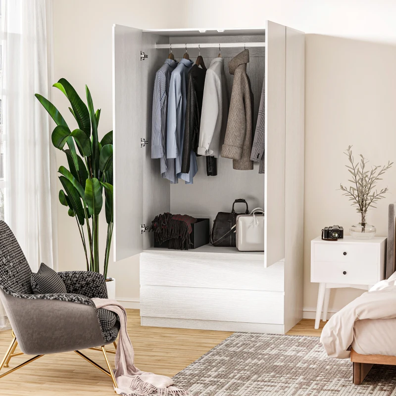 HOMCOM Armadio Guardaroba in Truciolato Bianco con Appendiabiti e 2 Cassetti Scorrevoli per Camere da Letto, 100x60x200 cm