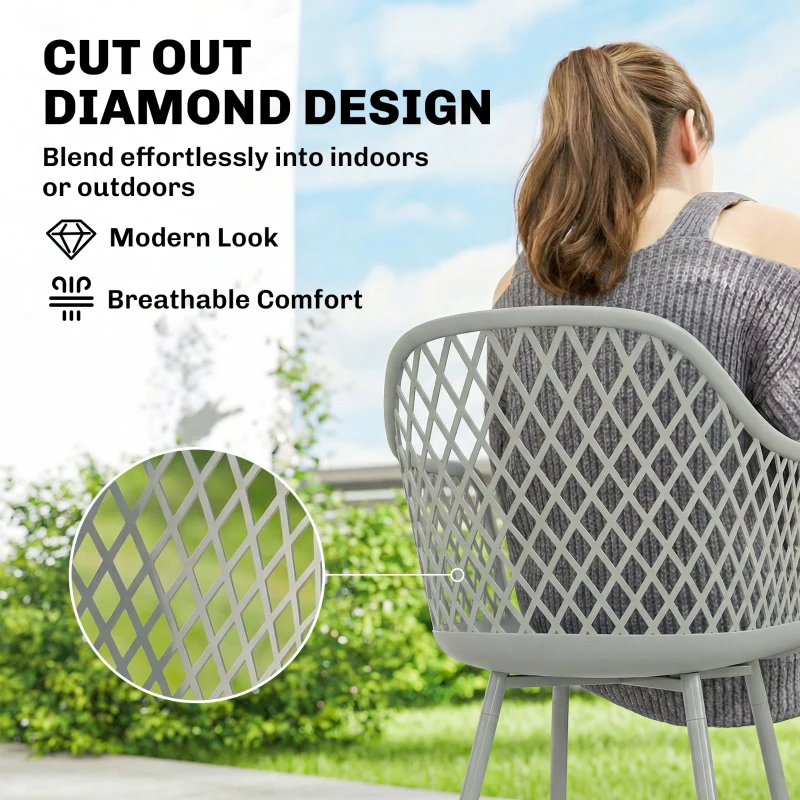 Outsunny Garden Chairs Set of 4, Garden Dining Chairs with Cut Out Diamond Back and Armrests for Patio, Balcony, Terrace, Grey