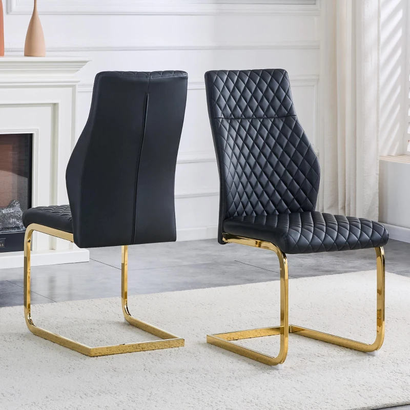 Chaise de salle à manger matelassée motif losange, dossier haut ergonomique, lot de 2, 43x63x100 cm, Noir+Or