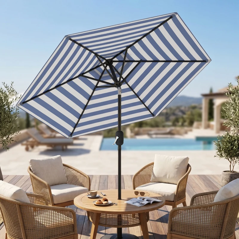 Outsunny Ombrellone da Giardino Inclinabile 2.3x2 m in Poliestere 180g/m², Ombrellone per Esterno da Terrazzo e Patio con Apertura a Manovella, Palo in Metallo e 6 Stecche, Blu e Bianco