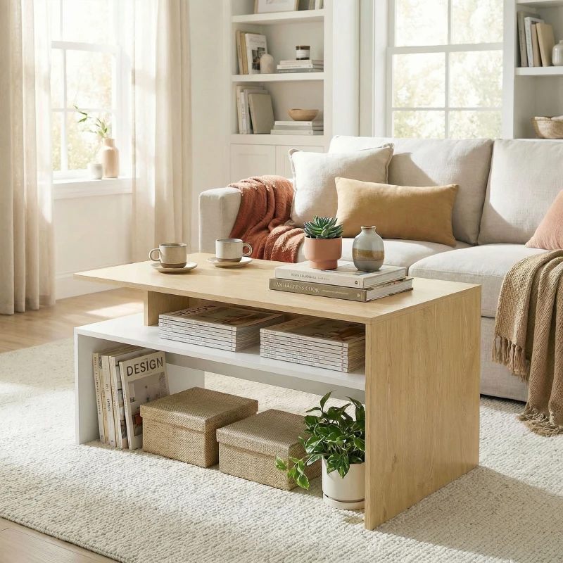 HOMCOM Tavolino da Salotto Bicolore con Mensola Asimmetrica, 95x55x50 cm, Legno Naturale e Bianco