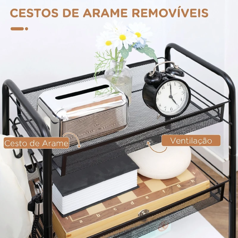 HOMCOM Carrinho de Cozinha em Aço com 3 Cestos e Rodas, Suporta 9 kg, Cozinha, Casa de Banho e Lavandaria 45x26,5x63 cm,  Preto