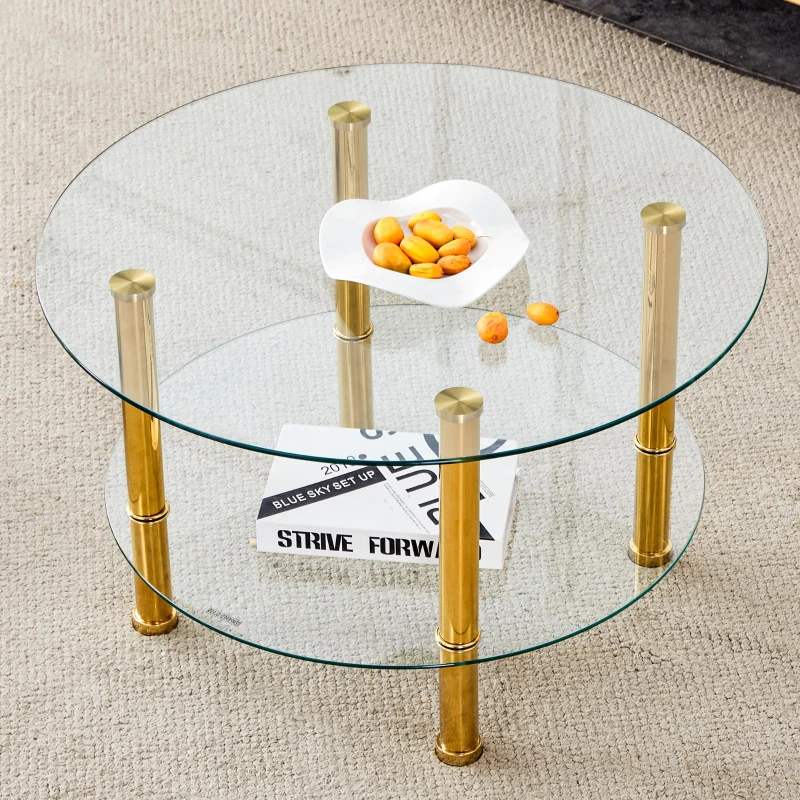 Table basse en verre à deux niveaux, design luxe discret, structure métallique robuste, 70x70x42 cm, Transparent