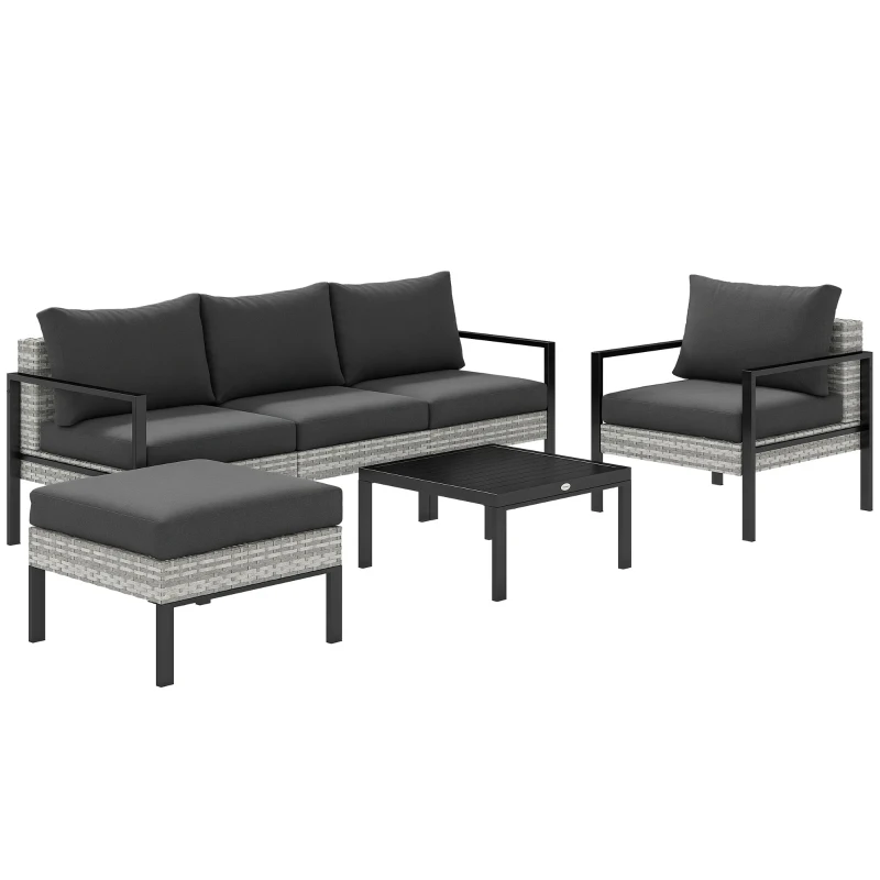 Outsunny Salon de jardin extérieur 5 personnes, salon de balcon en résine tressée avec fauteuils, pouf et table basse gris clair