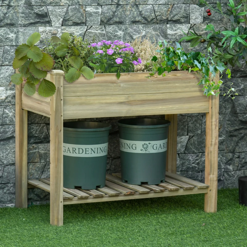 Outsunny Verhoogd Bloembed, Verhoogde Houten Plantenbak met Onderste Plank, Robuuste Constructie, Afvoergaten, 91L x 51B x 76H cm, Groen