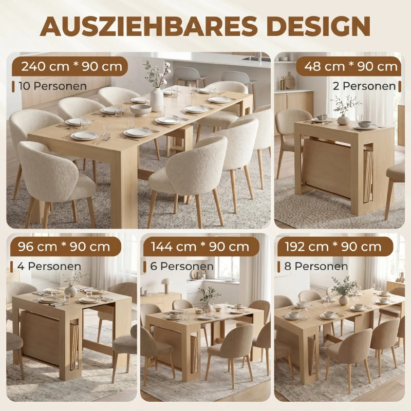 HOMCOM Uitschuifbare eettafel voor kleine ruimtes, om te bouwen tot console, zitplaatsen voor 10 personen, houtlook lichtbruin