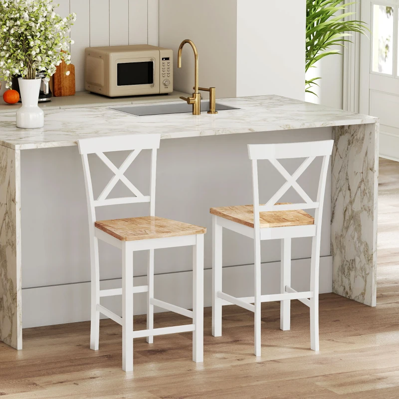 HOMCOM 2er-Set Barstühle mit Rückenlehne und Fußstütze, Kautschukholz, für Küche, Esszimmer, Bar, Eiche+Weiß