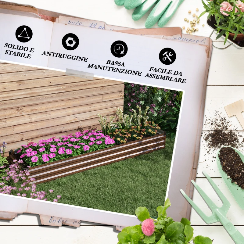 Outsunny Fioriera Rialzata in Metallo da 405L con Fondo Aperto, 240x60x30 cm, color Legno Scuro