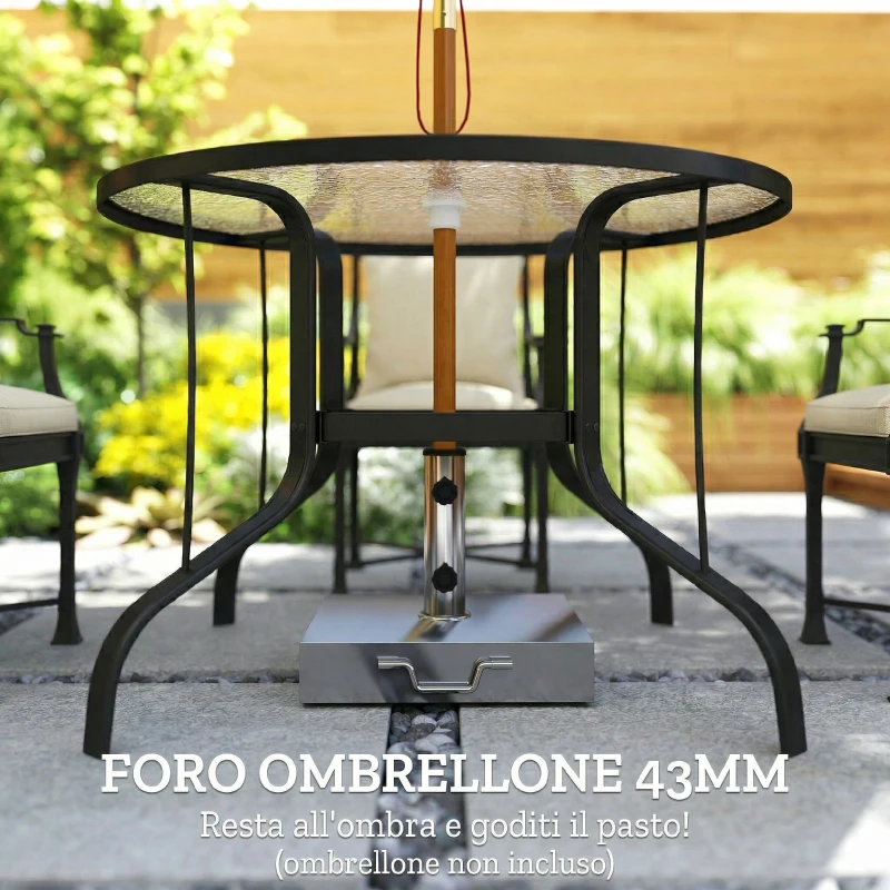 Outsunny Tavolino da Giardino Rotondo con Foro per Ombrellone, in Metallo e Vetro Temperato, Ø96.5x71 cm, Nero