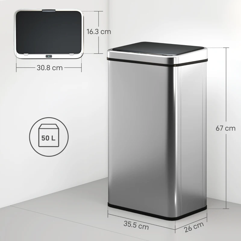 HOMCOM 50L Sensor Bin with Soft-Close Lid, Stainless Steel Automatic Touchless Motion Sensor Kitchen Bin, Silver Tone