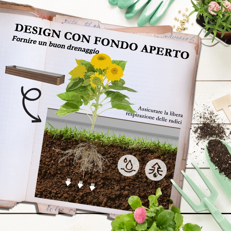 Outsunny Fioriera Rialzata in Metallo da 405L con Fondo Aperto, 240x60x30 cm, color Legno Scuro