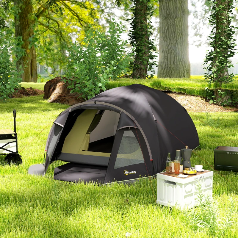 Outsunny Tenda a Tunnel per 2 Persone con Finestre Laterali e Gancio, in Poliestere 190T e PE, 3.3x1.9x1.2 m, Nero