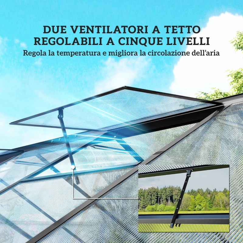 Outsunny Serra per Orto in PC e Alluminio con Porta a Battente e 2 Finestre Regolabili, 304x247x205 cm, Nero