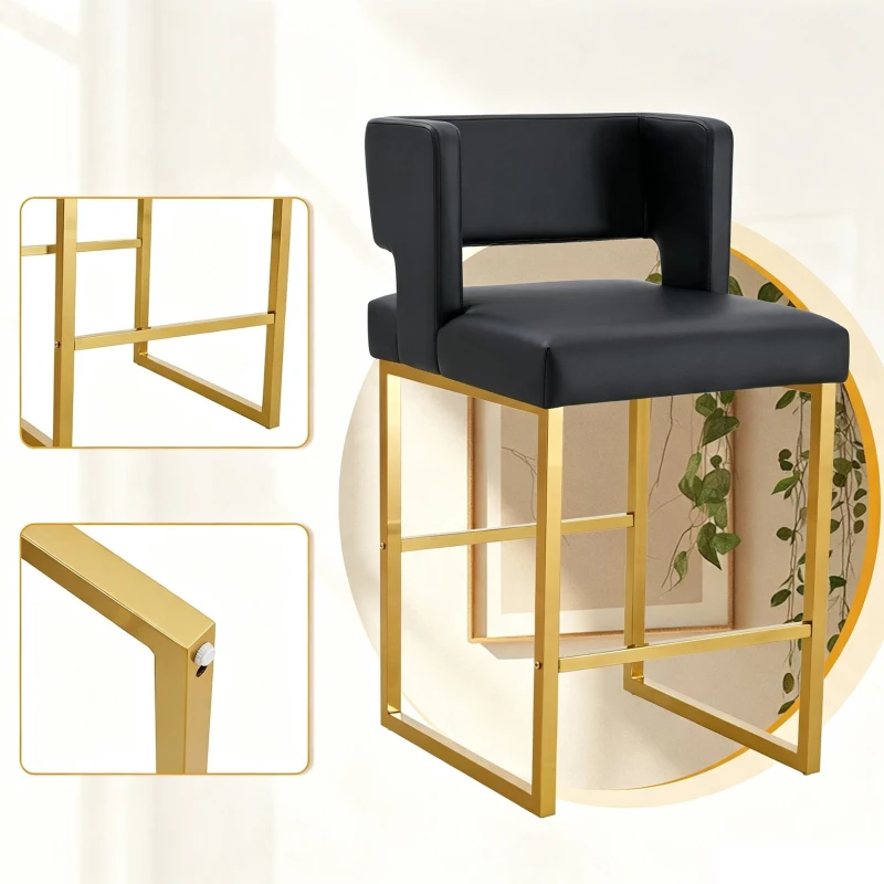 Lot de 2 tabourets de bar nordiques, design carré moderne, imperméable et facile à nettoyer, 48x53.3x91.4 cm, Noir+Doré