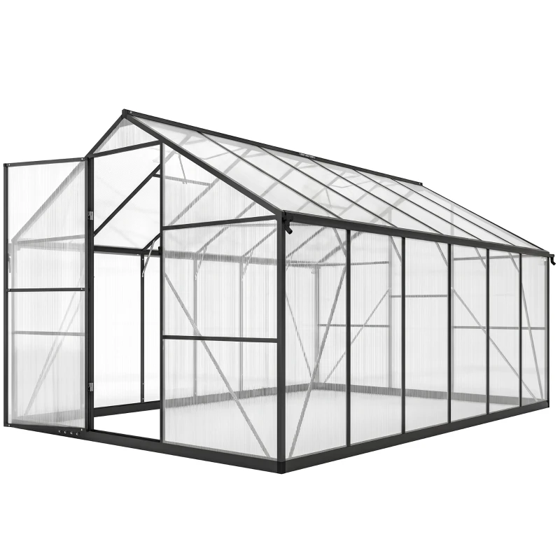 Outsunny Serre de jardin en aluminium polycarbonate, serre avec fenêtres supérieures réglables 363x247x205cm noir