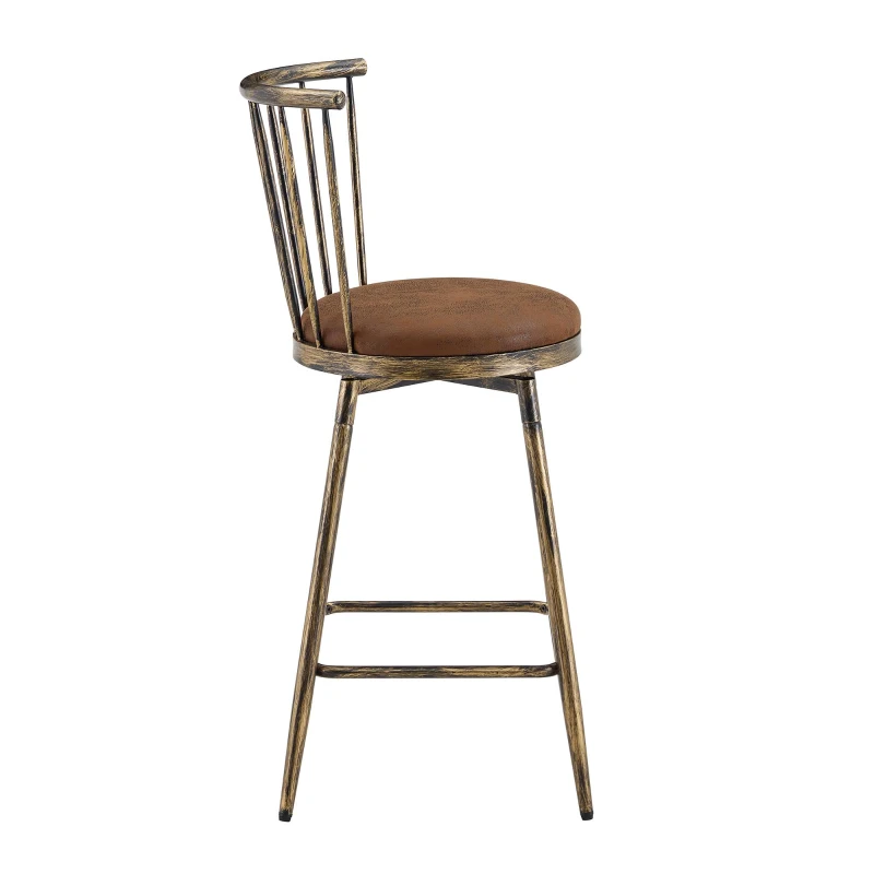 Tabouret de bar style Windsor en métal, assise ronde rembourrée, 39x39x96 cm, Marron