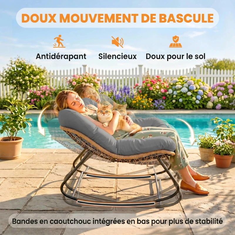 Outsunny Fauteuil à Bascule Papasan Intérieur Extérieur, Chaise Ovale à Bascule Rembourrée pour Jardin, Patio, Gris