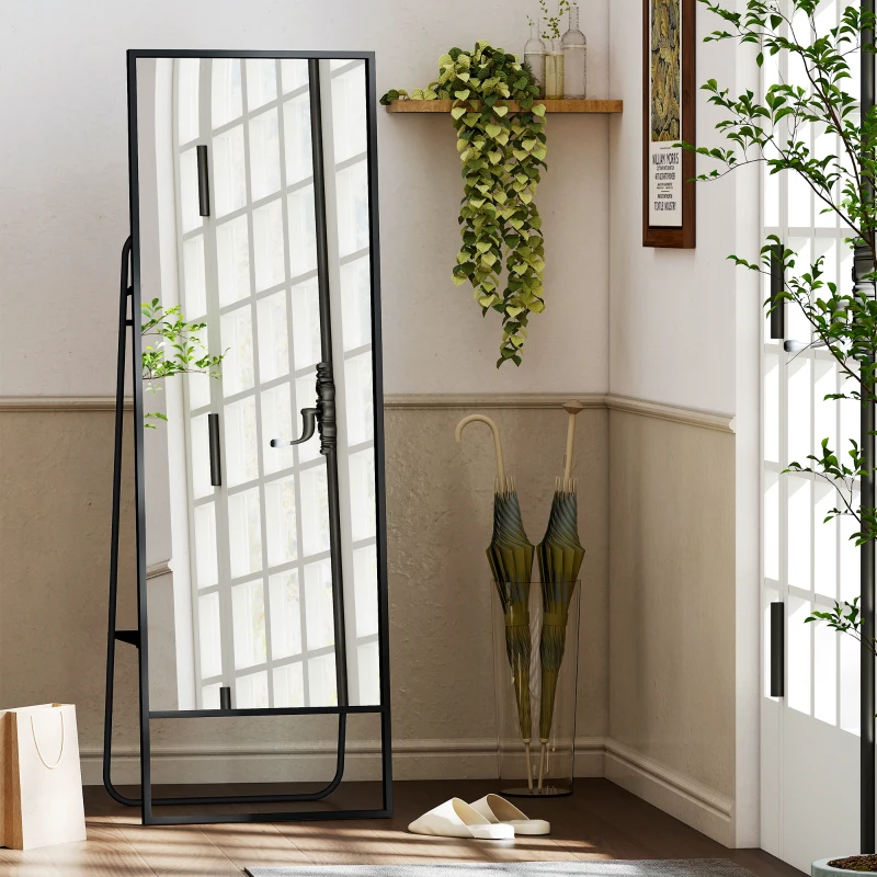 HOMCOM Passpiegel met industrieel design, achterplank, 2 haken en metalen frame, voor slaapkamer, 157 x 50 cm, zwart